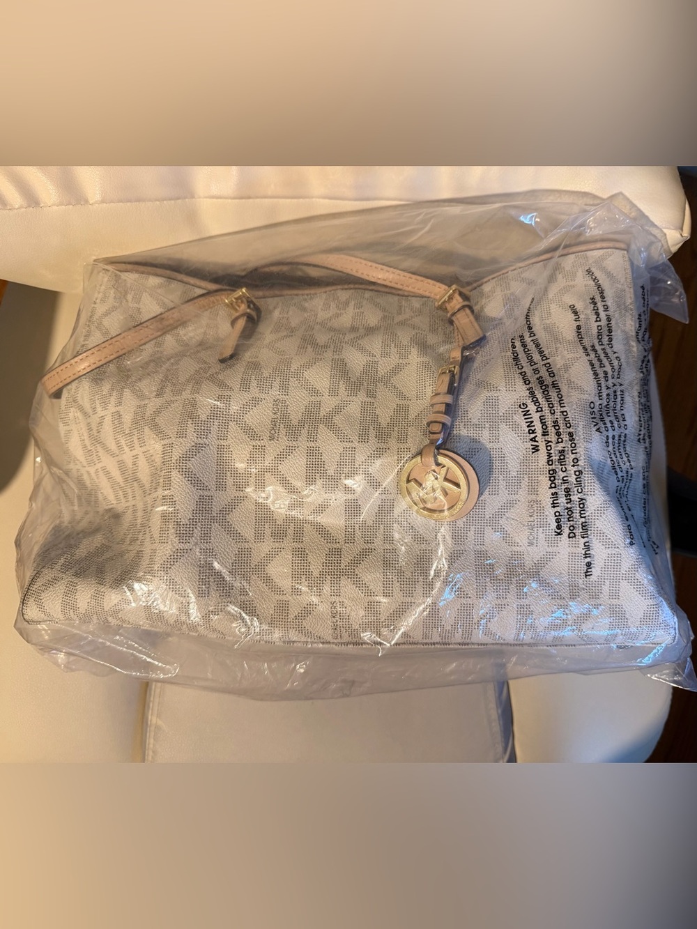 Michael Kors Tan Beige MK Logo Tote with Gold Charm - Picture 8 of 8